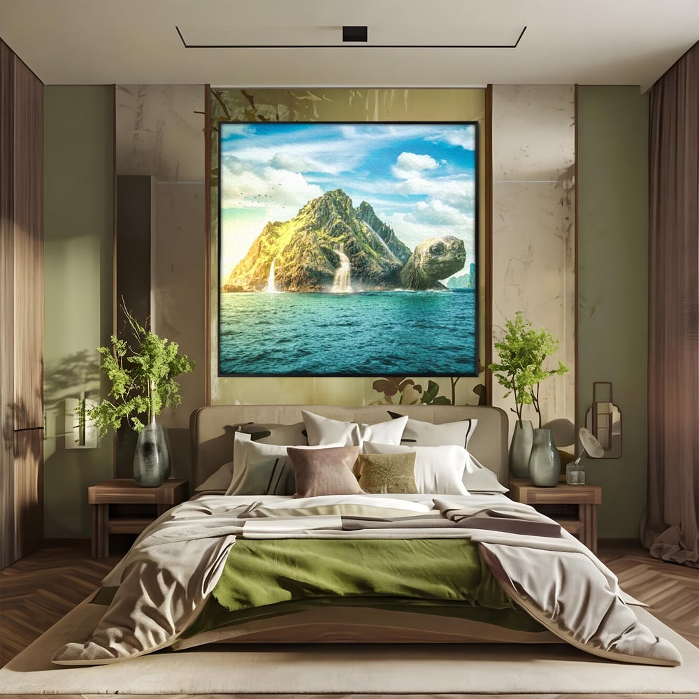 Tablou canvas cu ilustratie digitala cu o insula testoasa, in rama de aluminiu negru, pe perete intr-un dormitor